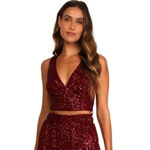 New! Lulus Flawless Sparkle Wine Red Sequin V-Neck Top Sz S